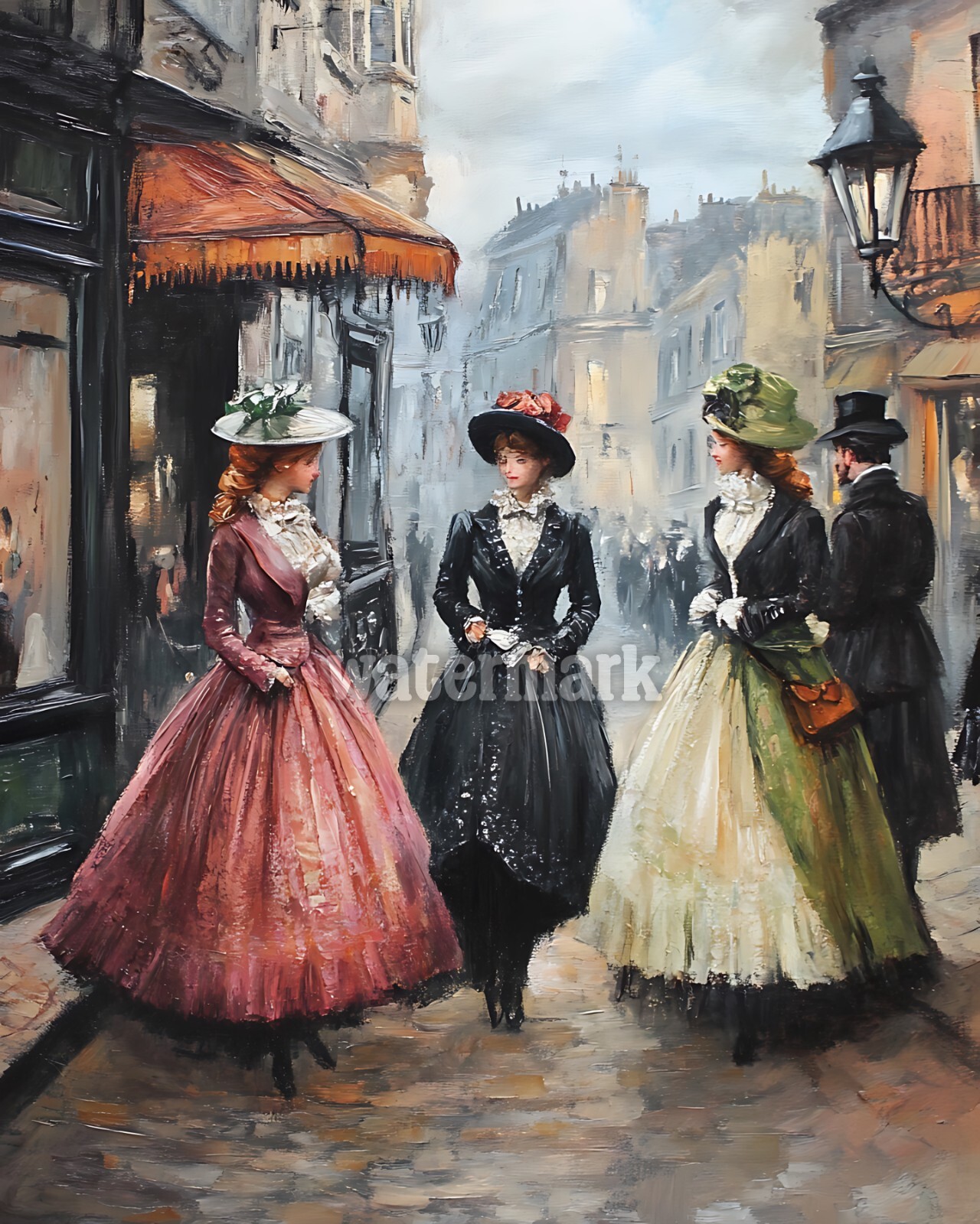 Victorian street with women in elegant dresses and Oil Painting 8×10 Print
