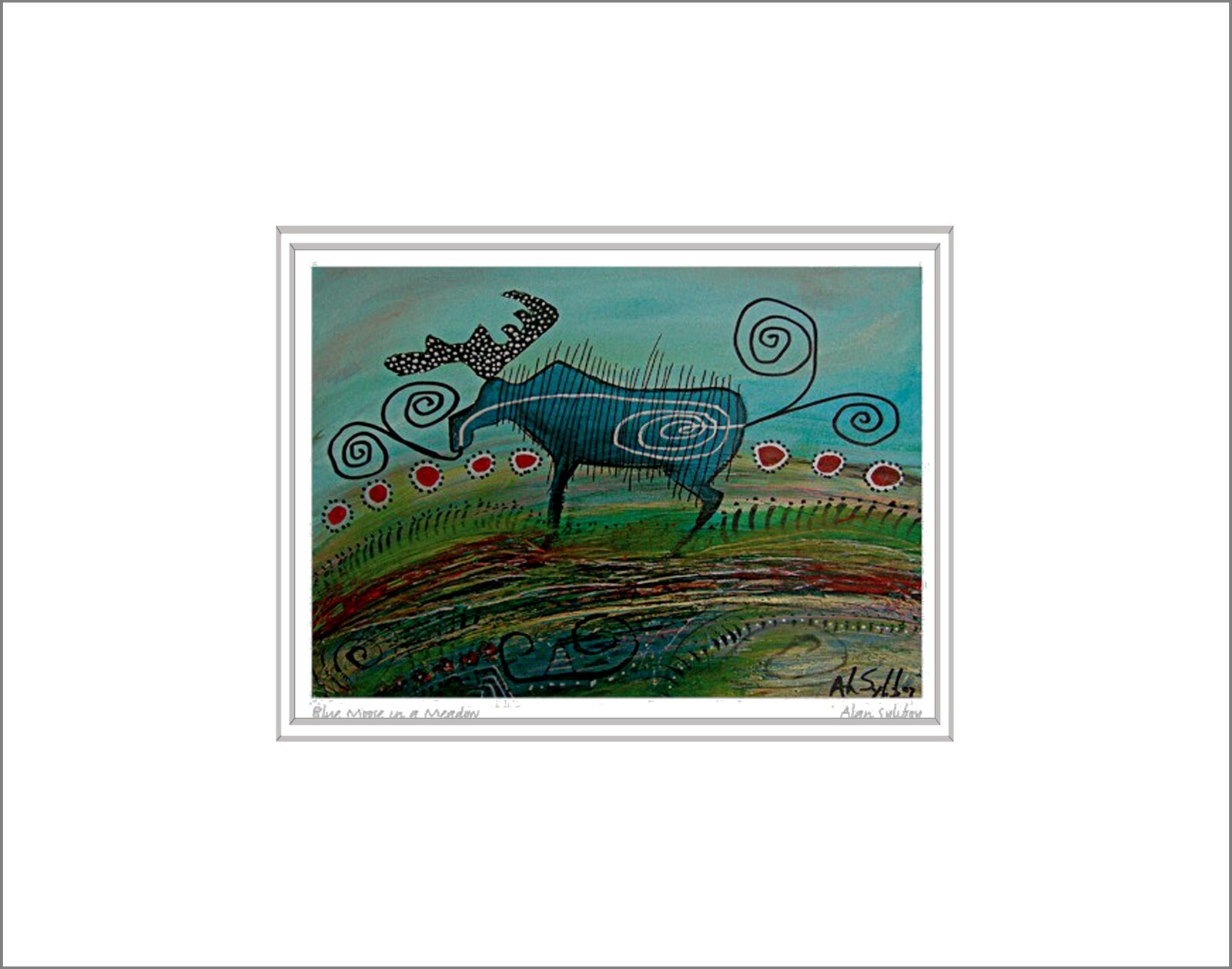 BLUE MOOSE IN A MEADOW by Mi’kmaq artist Alan Syliboy – 11″ x 14″ Matted print