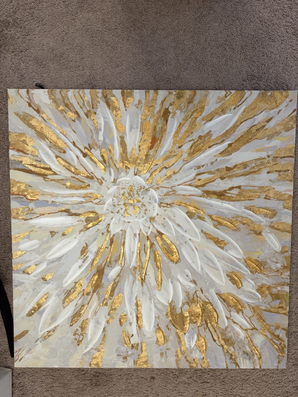 Abstract White Gold Textured Canvas Painting Print – Framed Large 30”x30”
