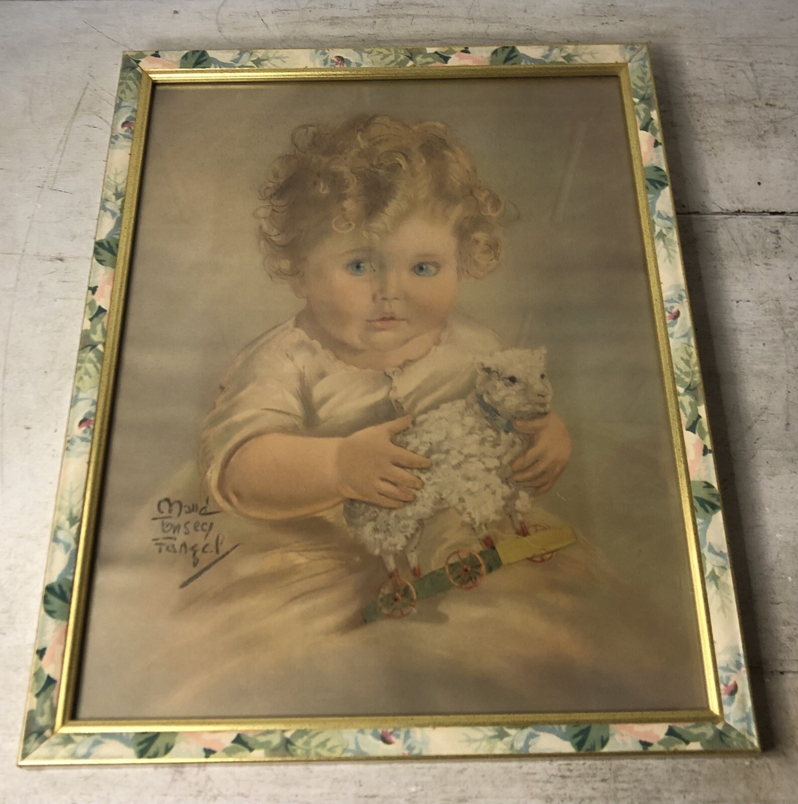 Vintage Maud Tousey Fangel Lithograph Print Baby Toddler Toy Lamb Floral Frame