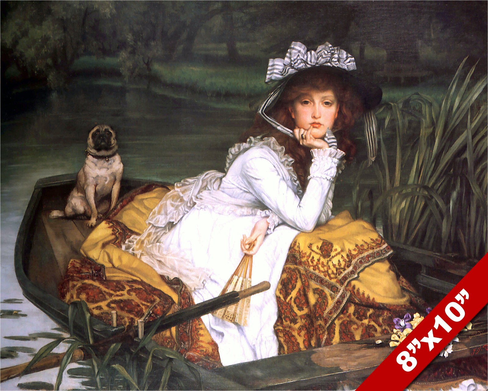 YOUNG GIRL WOMAN IN BOAT WITH PUG DOG OIL PAINTING ART REAL CANVAS GICLEE PRINT