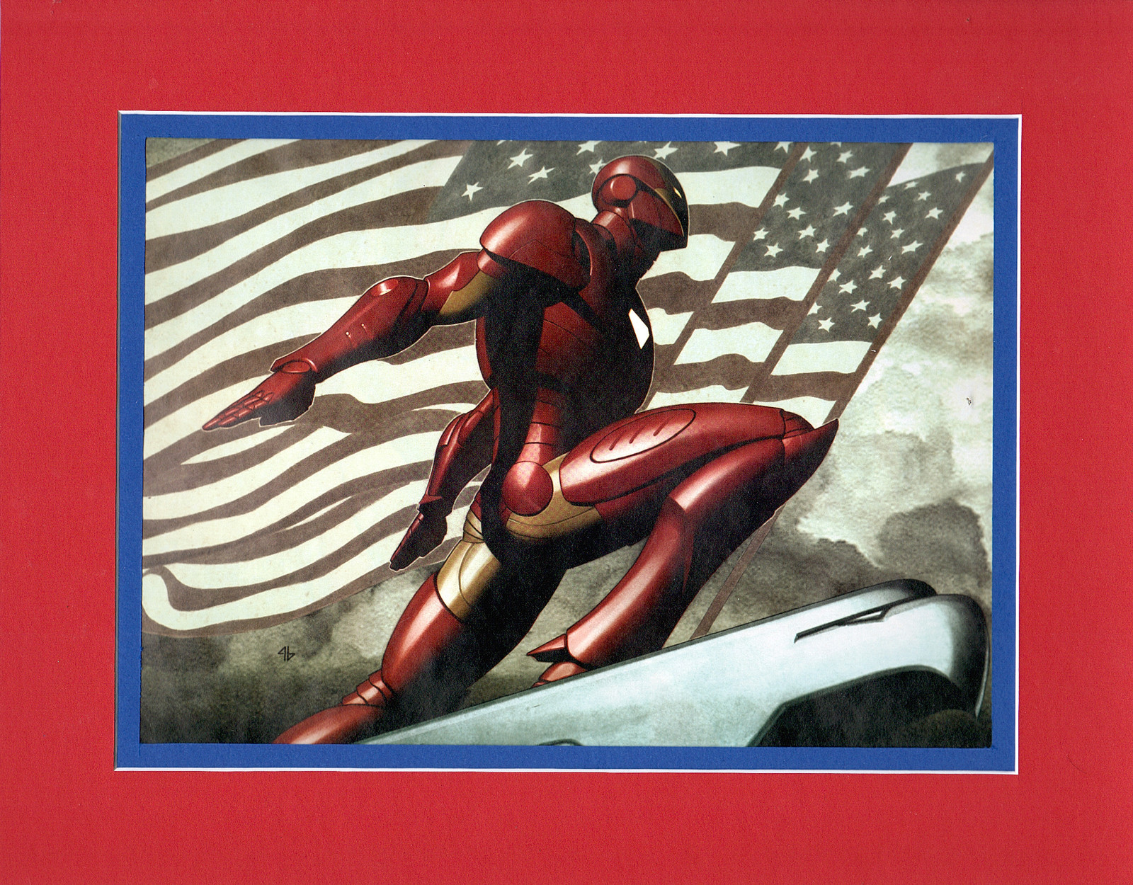 Civil War IRON MAN w FLAG PRINT PROFESSIONALLY MATTED