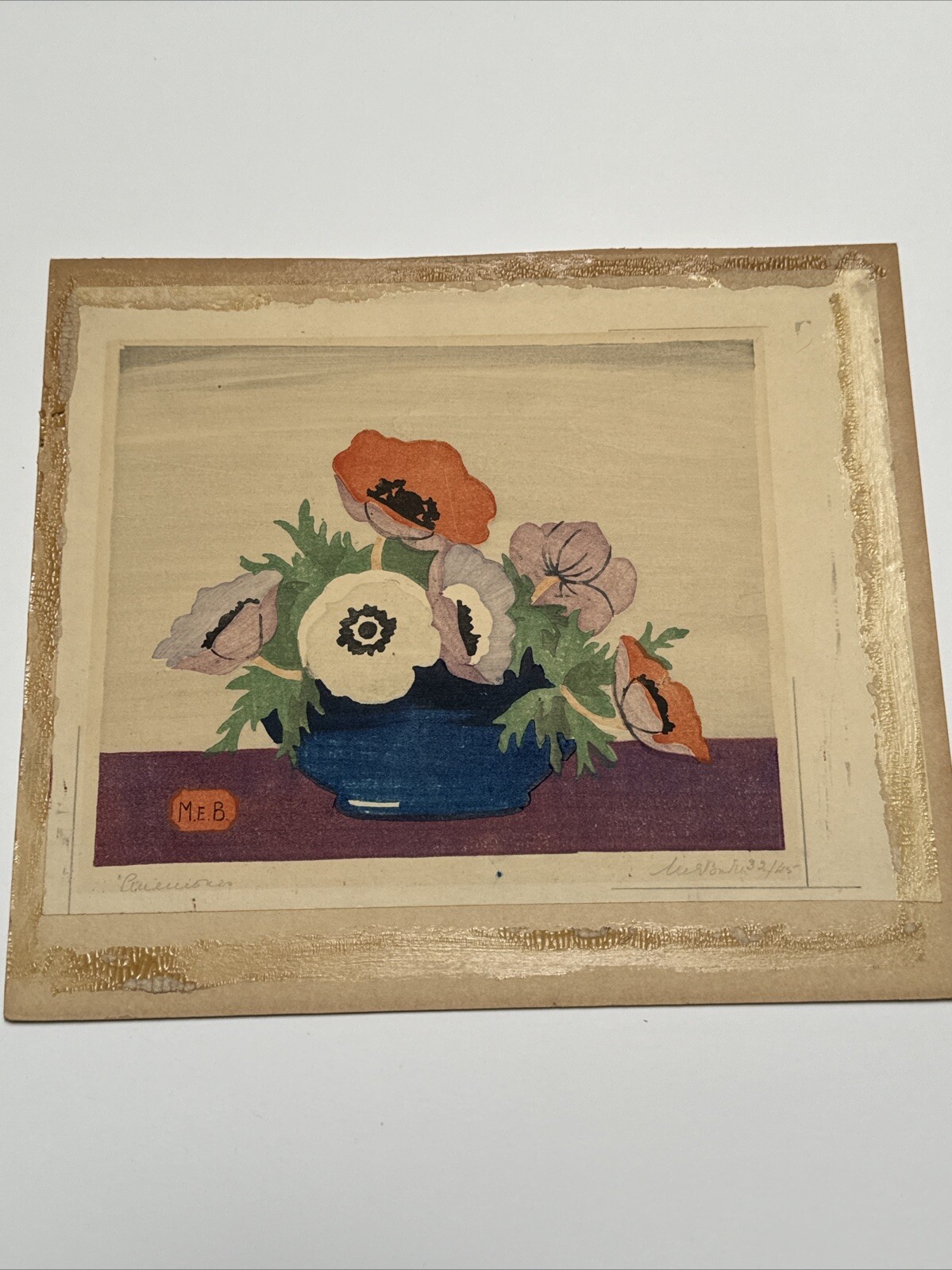 ANTIQUE WOODCUT ARTS AND CRAFTS DECO MYSTERY SIGNED M.E.B CIRCLE OF PATTERSON
