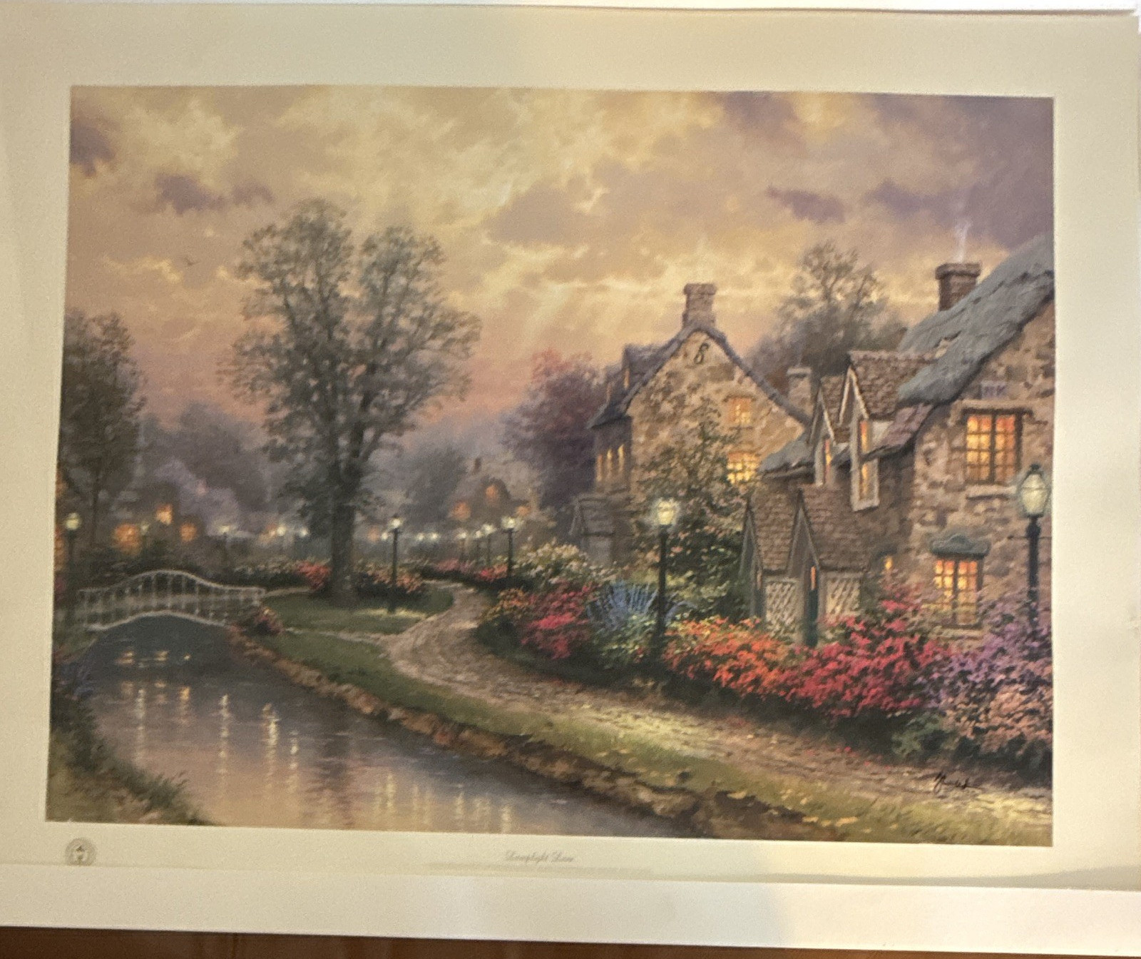 Thomas Kinkade Evening Glow Cottage Landscape Bridge Licensed Reprint Print