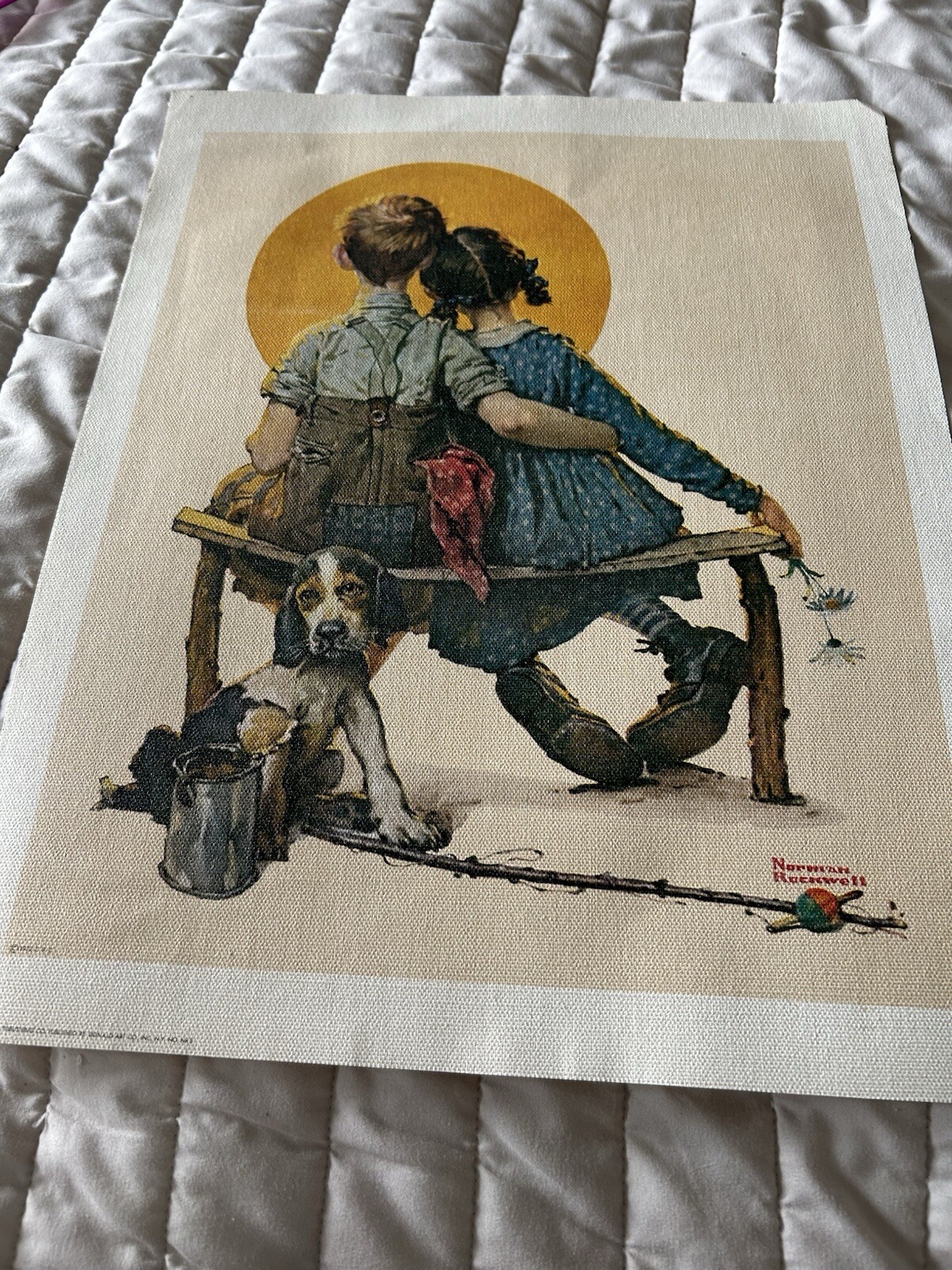 Vintage Norman Rockwell “Little Spooners” Print On Stiff Burlap Ready To Frame
