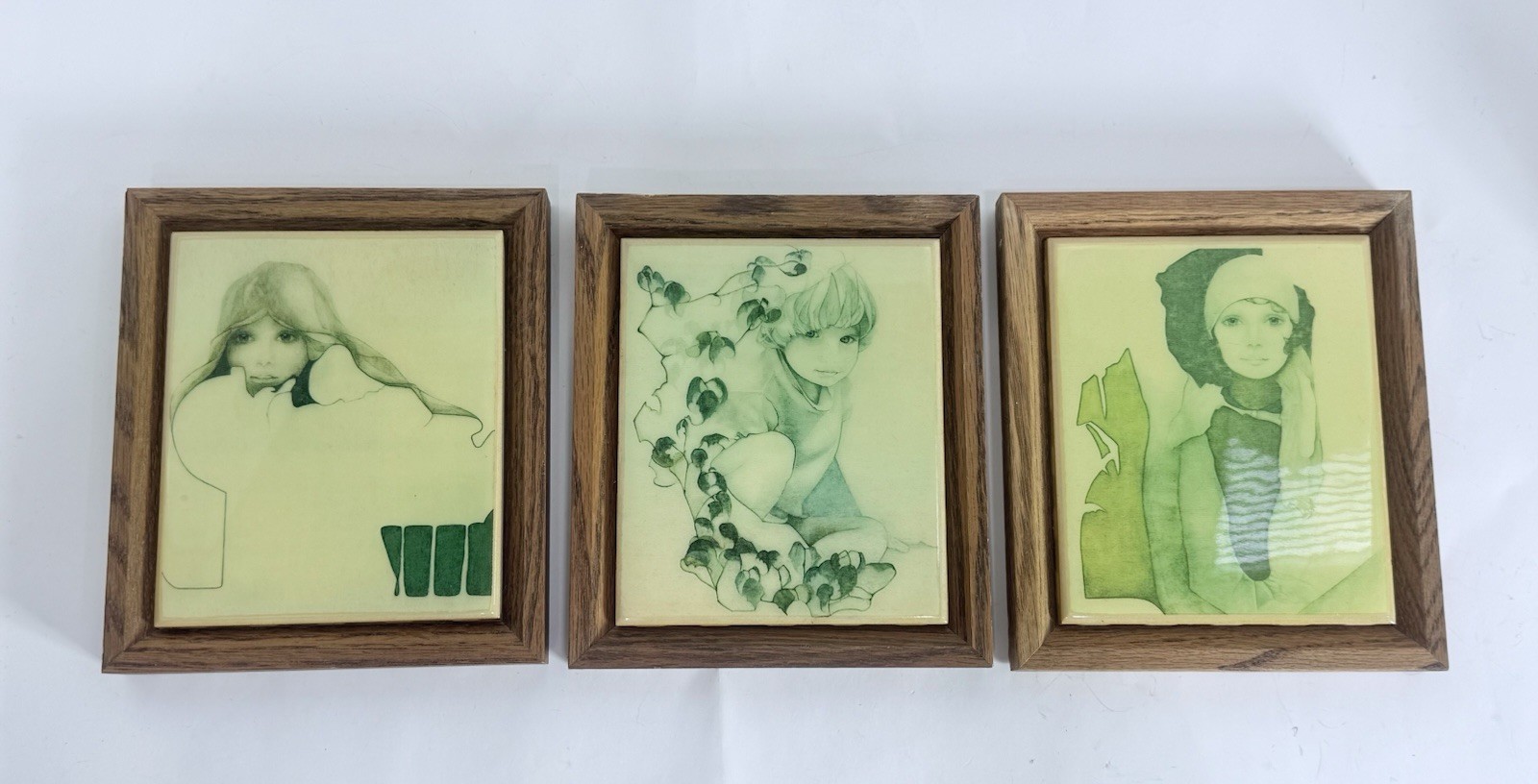 3 VTG Christine Rosamond Prints On Ceramic Tiles. Garden Child- Blue Ice -Simone