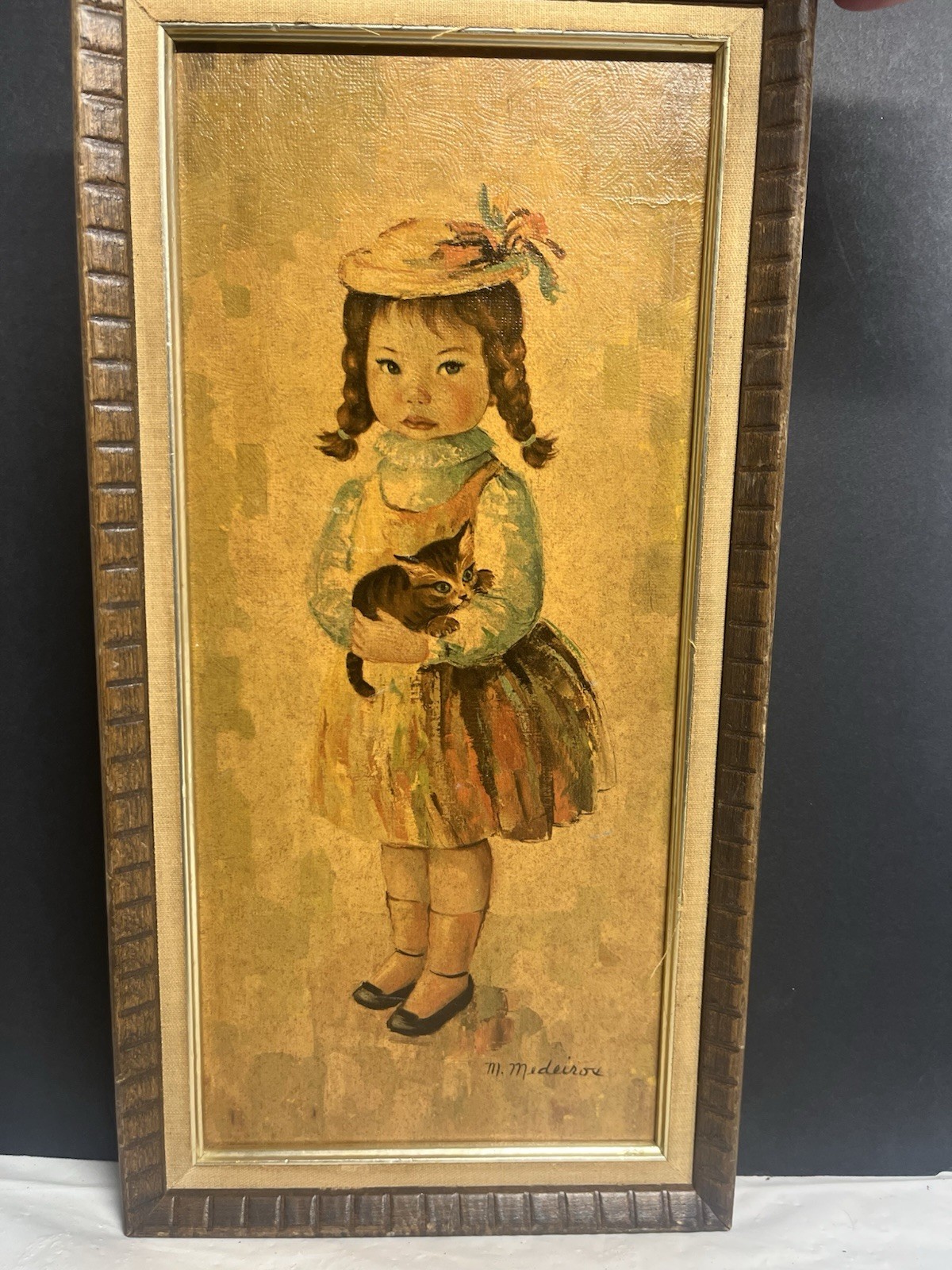 Vintage Mid Century M. Medeiros Girl with Cat Big Eye Wood Framed Wall Art 16.5”