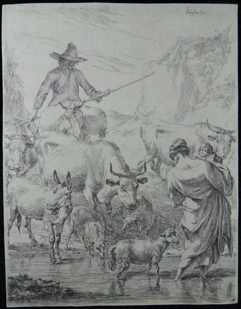NICOLAES BERCHEM RADIERUNG 1652 HERDE DIE FURT ÜBERQUEREND HIRTE VIEH