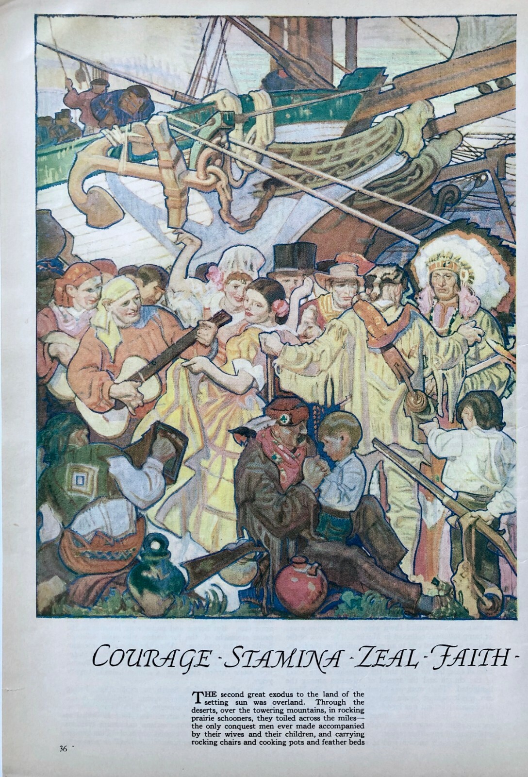 1937 original Dean Cornwell western US panaramic illustration, train, ship
