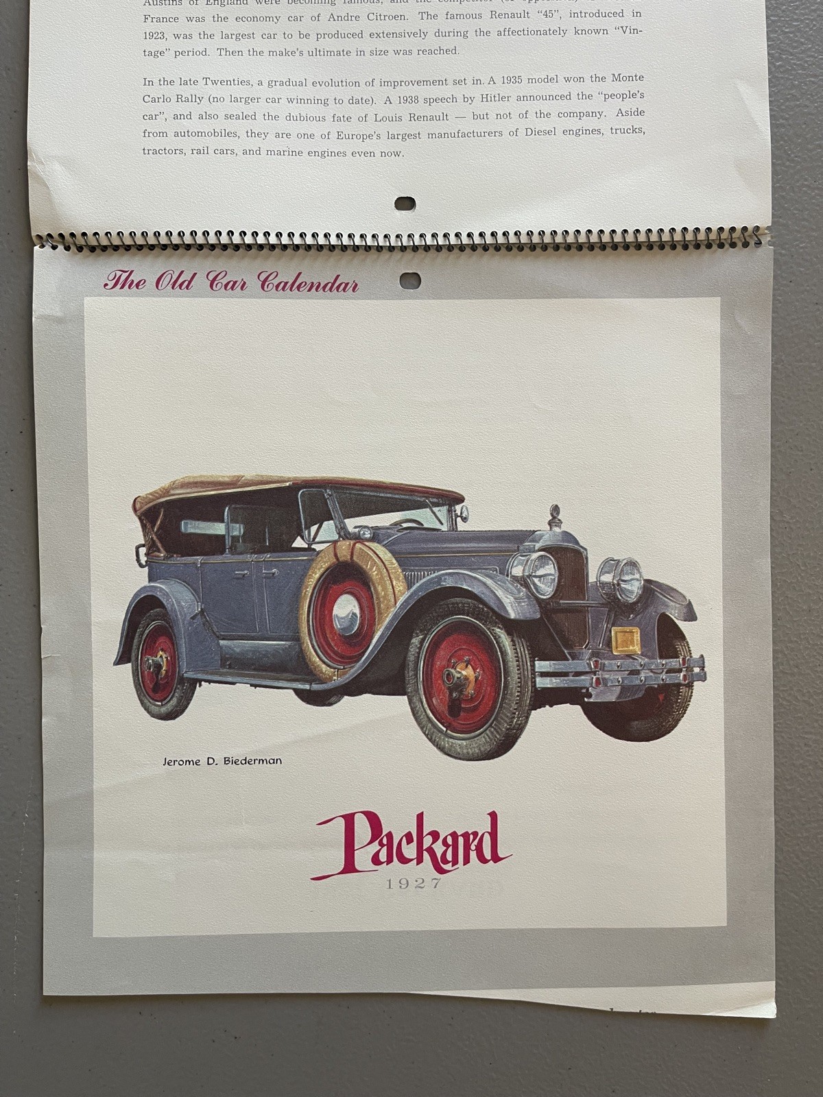 The Old Car Calendar Vintage Bugatti Renault Packard Lincoln (See Photos)