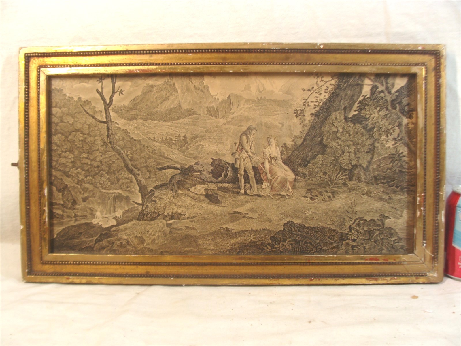 Antique 18C Italian Romantic Couple in Landscape Colored Engraving