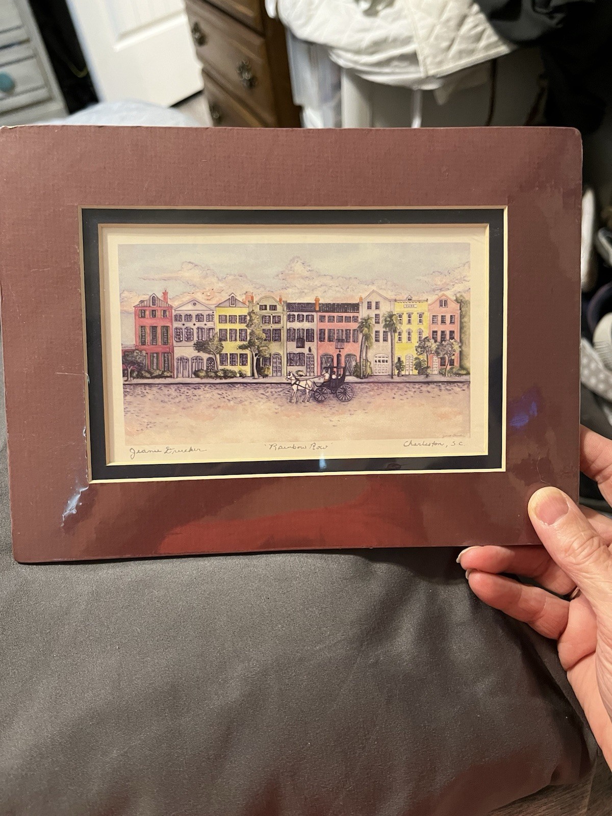 Jeanie Drucker signed “Rainbow Row” Art Print Matted Charleston SC 6” x 4”