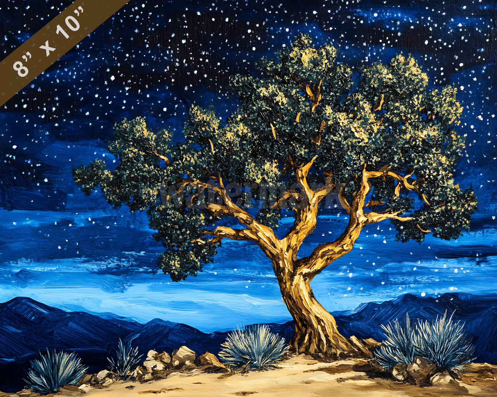 Joshua Tree with starry skies oil painting 8×10 Print