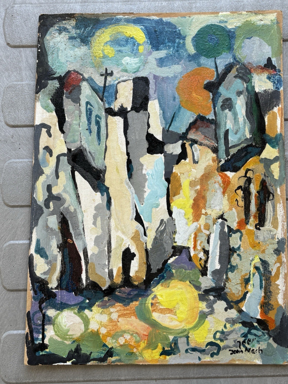 Jona Mach Painting Acrylic Abstract Expressionist, 15.3×21”, Signed Unframed