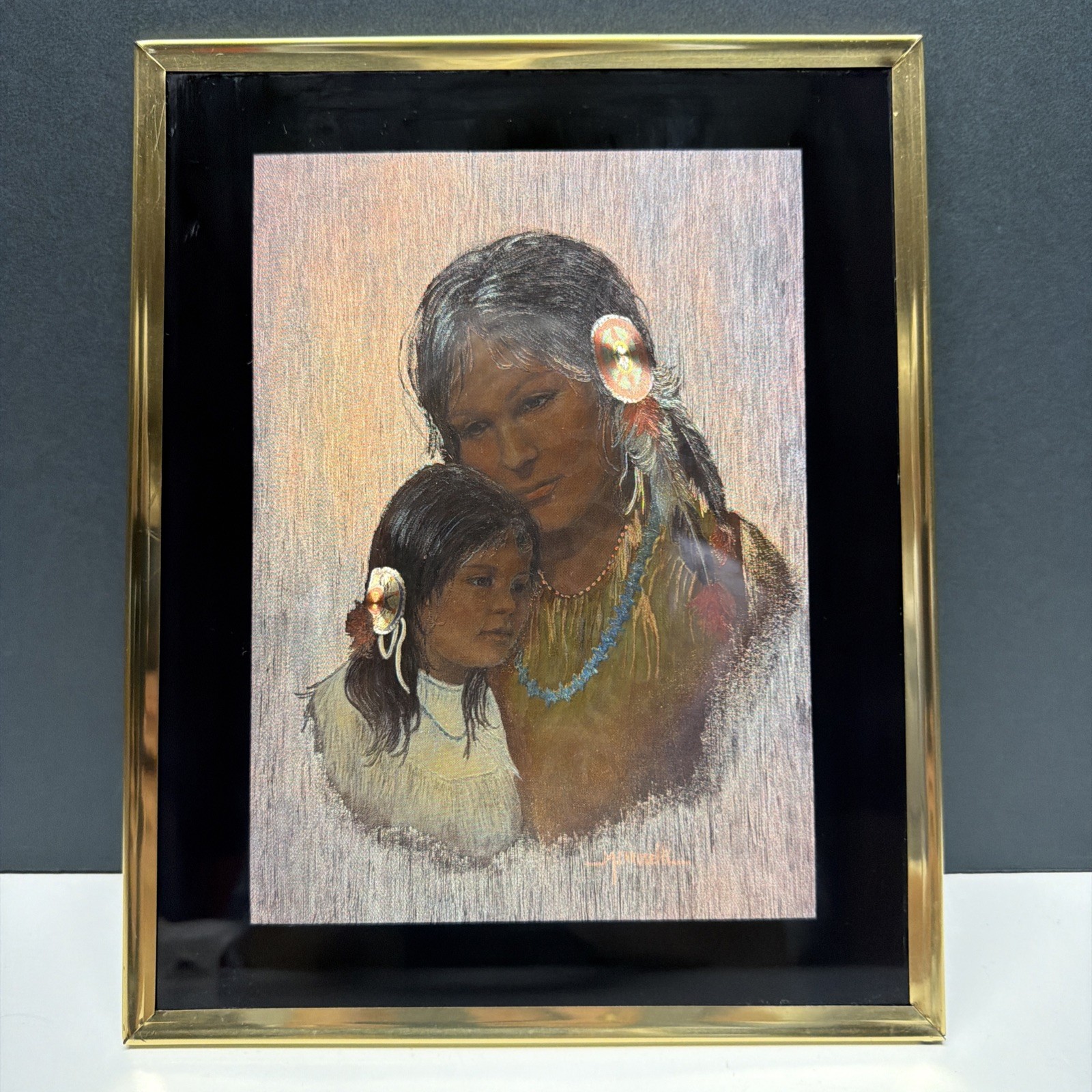 Native American Mother Daughter Foil Art Framed Portrait 8×10 M. Caroselli VTG