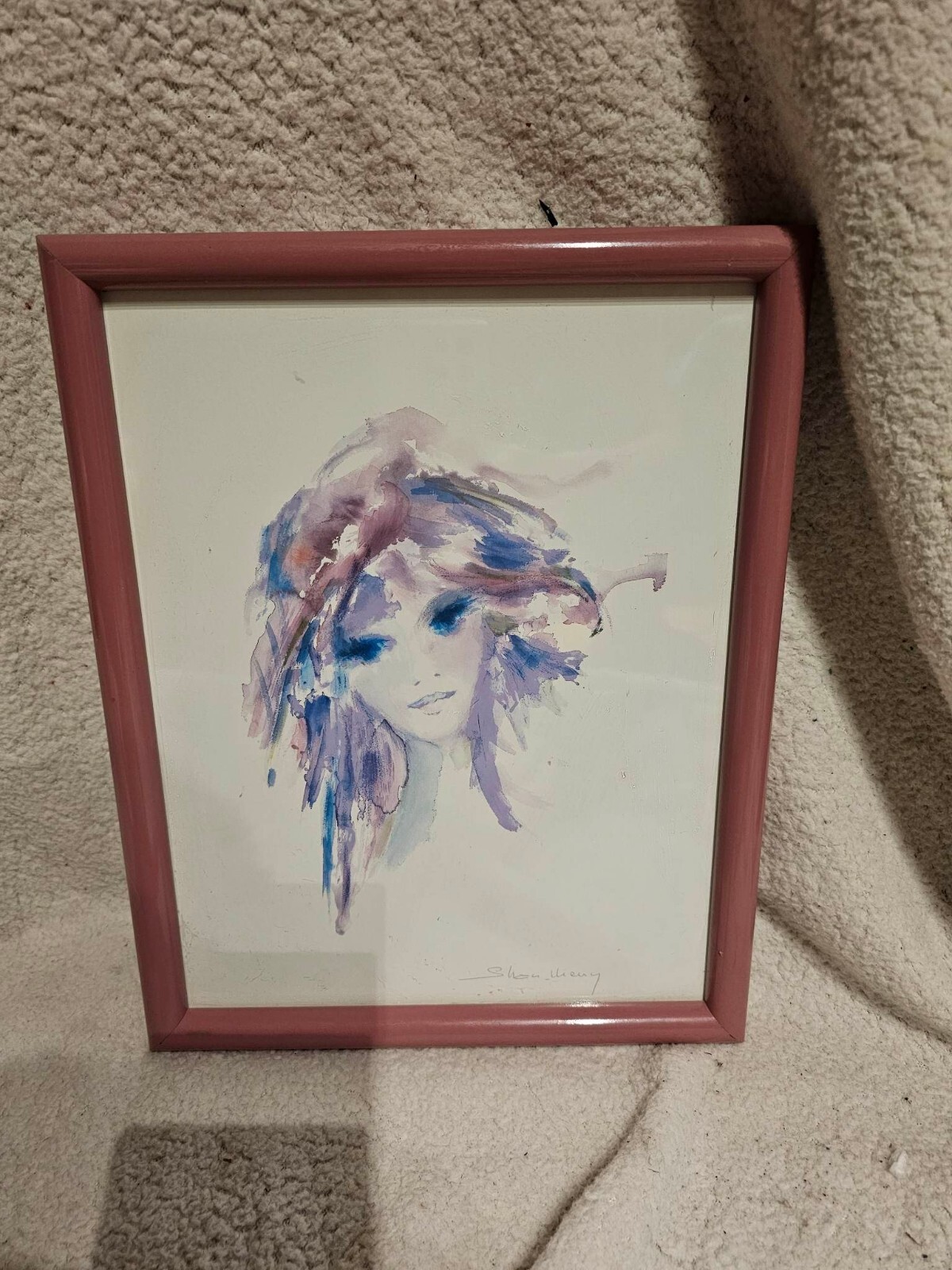 Water paint Signed Framed Print Woman Portrait Pink Purple Lilac Blue 12X10in