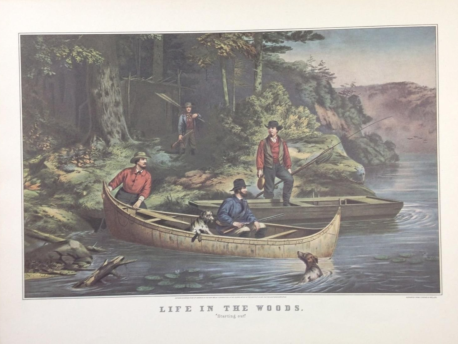 1952 Vintage Currier & Ives “LIFE IN THE WOODS” HUNTING FISHING COLOR Lithograph