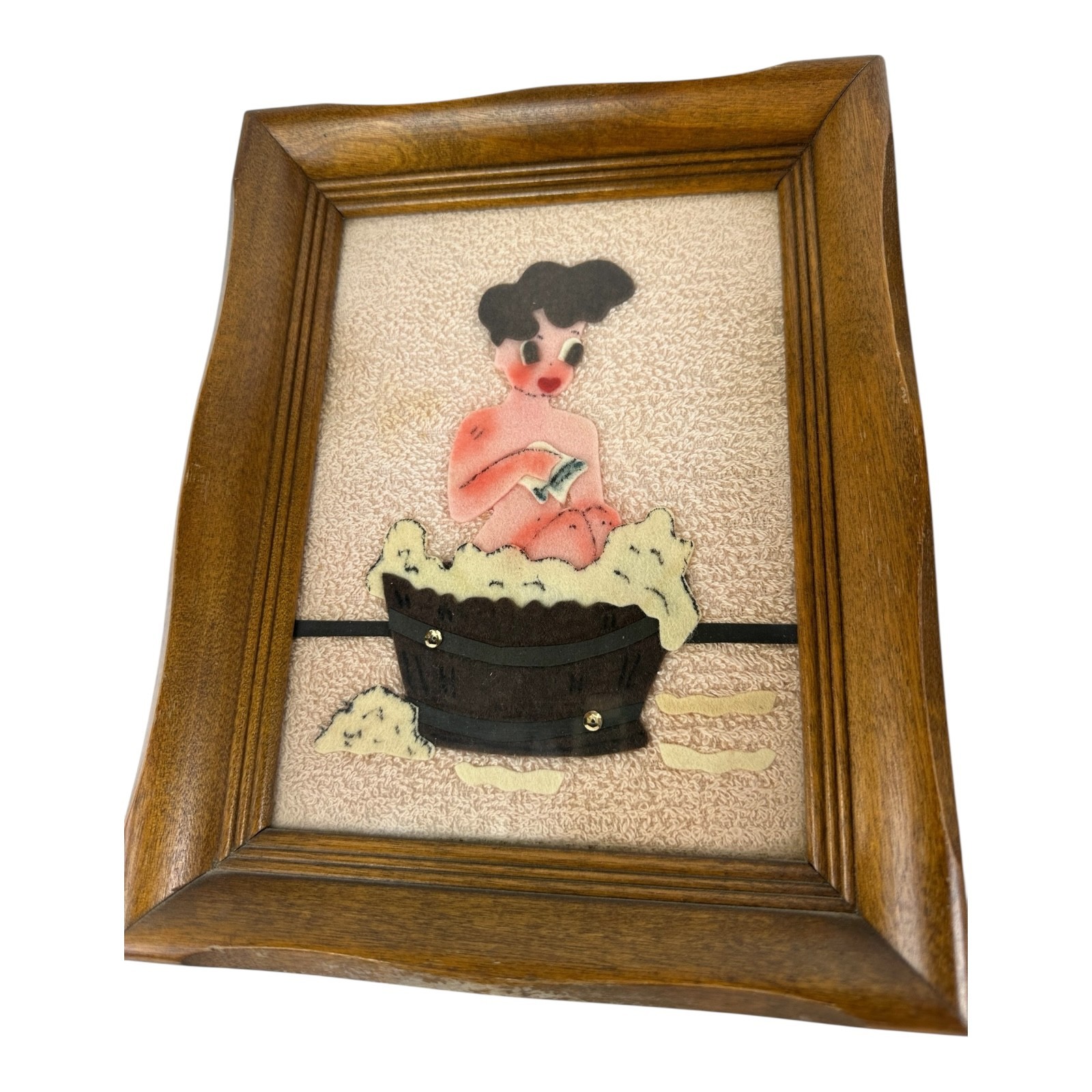 Vintage Whimisical Felt Art Wallhanger Pair of Bathing Woman Framed. c. 1960’s.