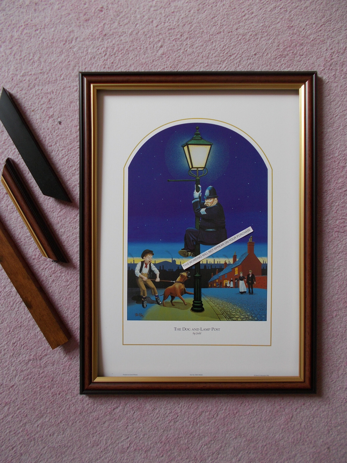 COMICAL POLICE PRINT BY JEDD FRAMED – THE DOG AND THE LAMP POST