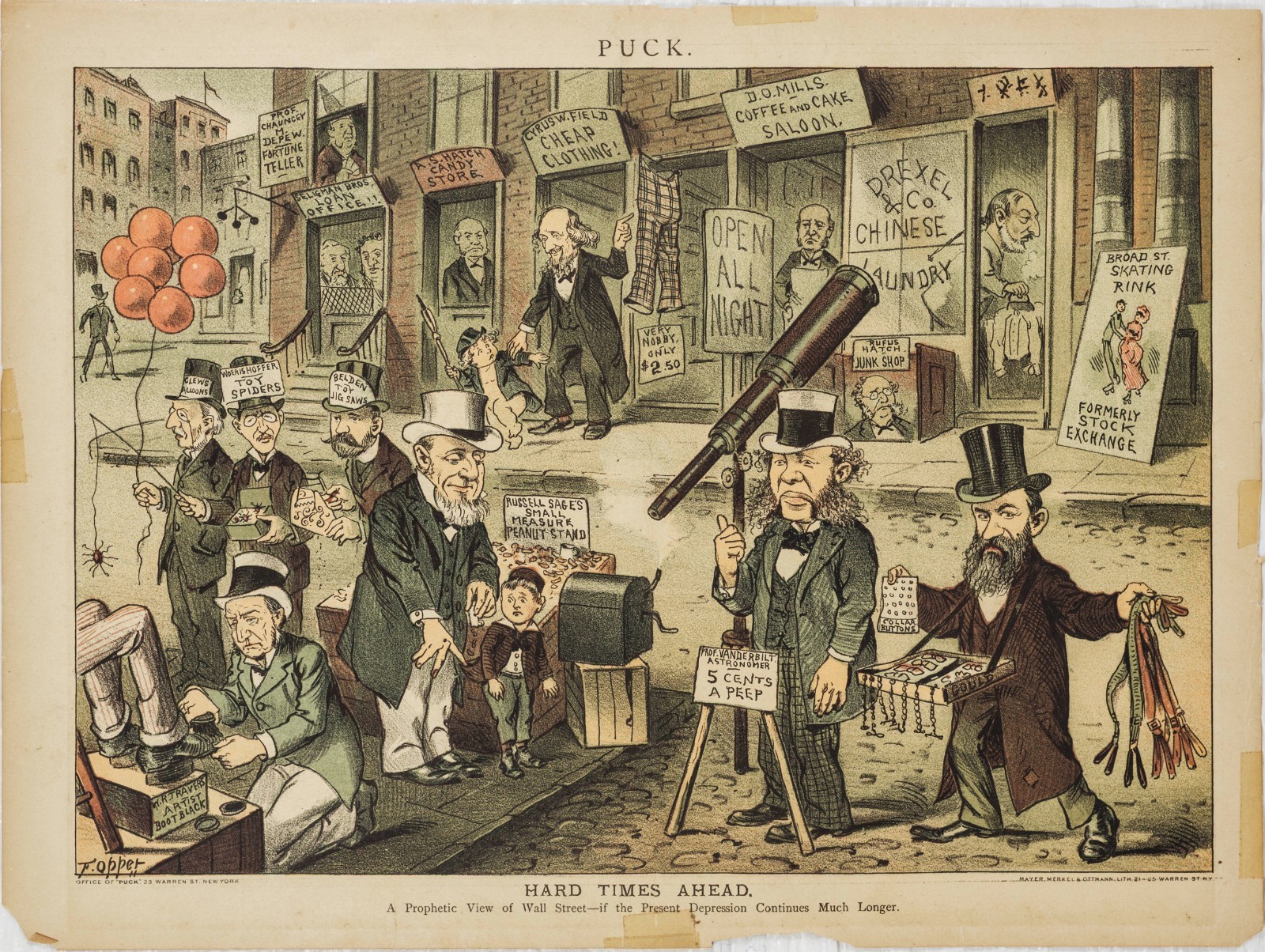 ca 1880 PUCK HARD TIMES AHEAD WALL STREET HUMOR ILLUSTRATION 13×10 Read P449