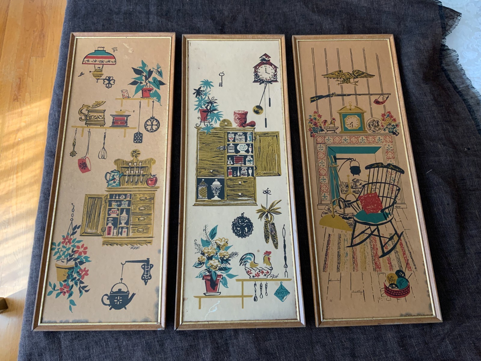 3 Vintage RF Harnett framed cardboard prints retro Americana scenes kitchen
