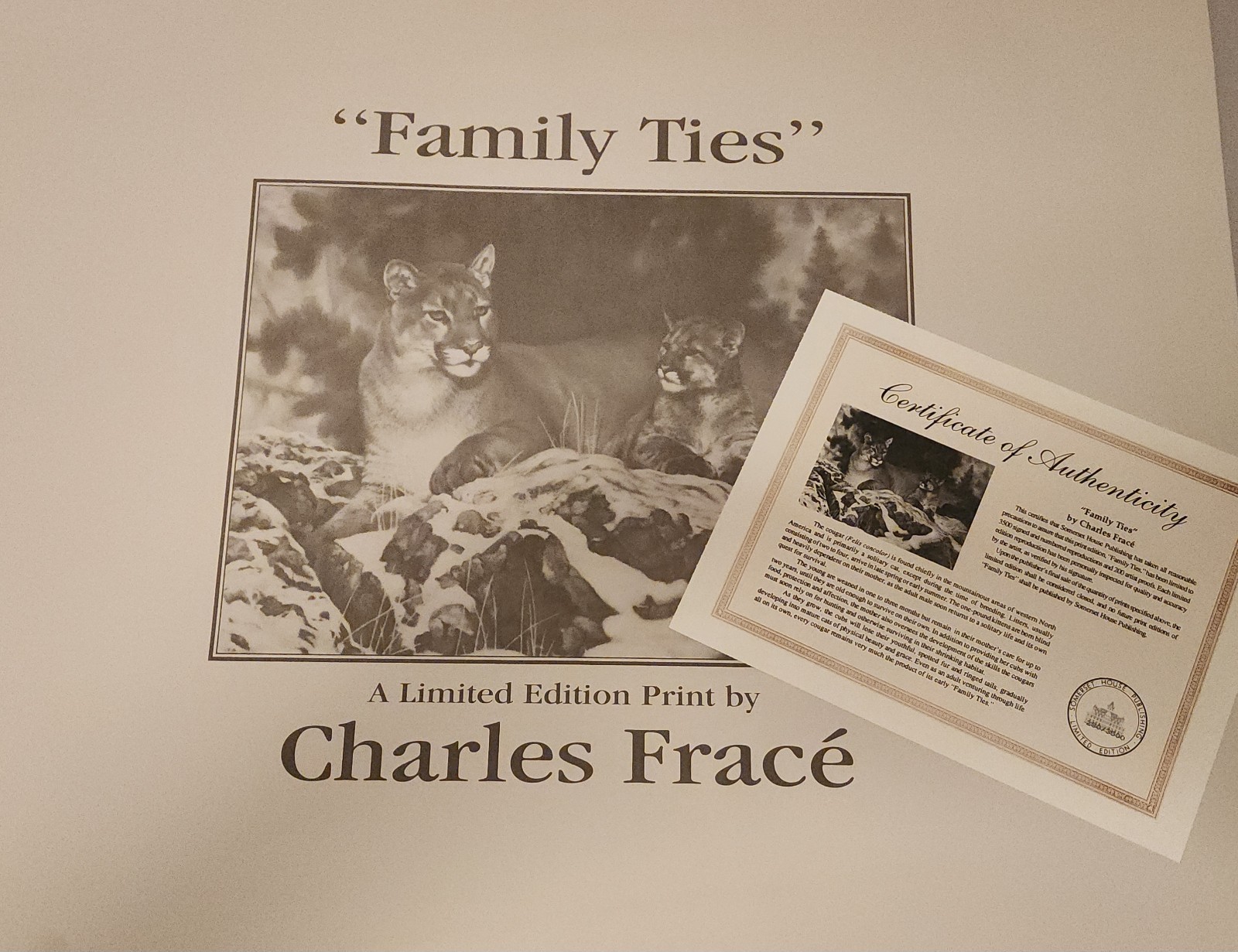 Charles Frace Family Ties Cougars Artist Signed Ltd Ed Lithograph Print 280/3500