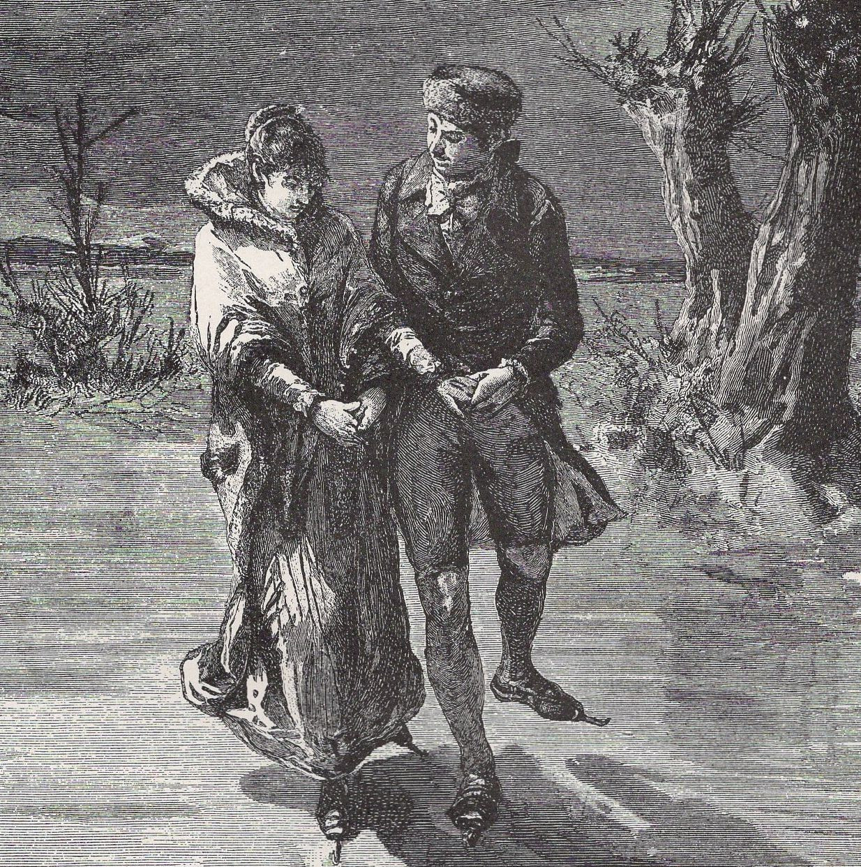FLAVIO AND HILARIA Romantic Skating Couple Winter Scene 1892 Antique Engraving