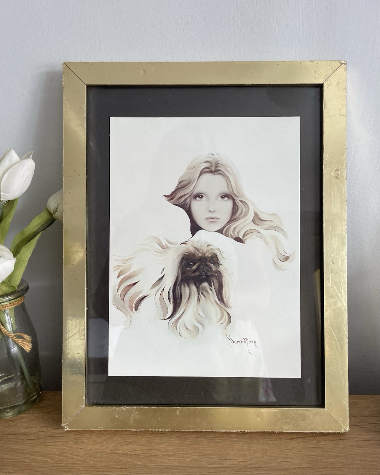 Rare Vintage Print By Sara Moon, Catherine With Pekingese – 1977