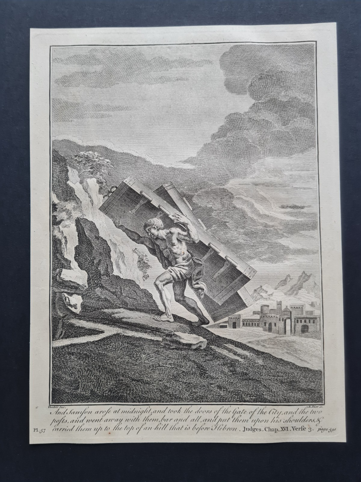 Antique c. 1750 bible print – Judges 16:3 Samson and the Gates of Gaza