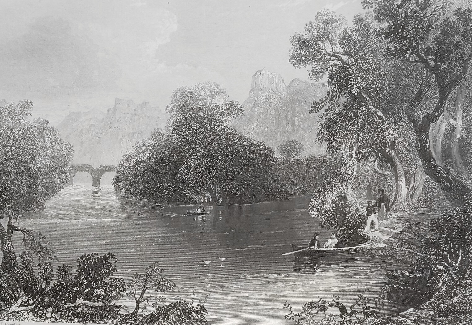 IRELAND Killarney Old Weir Bridge – 1841 BARTLETT Antique Print Engraving