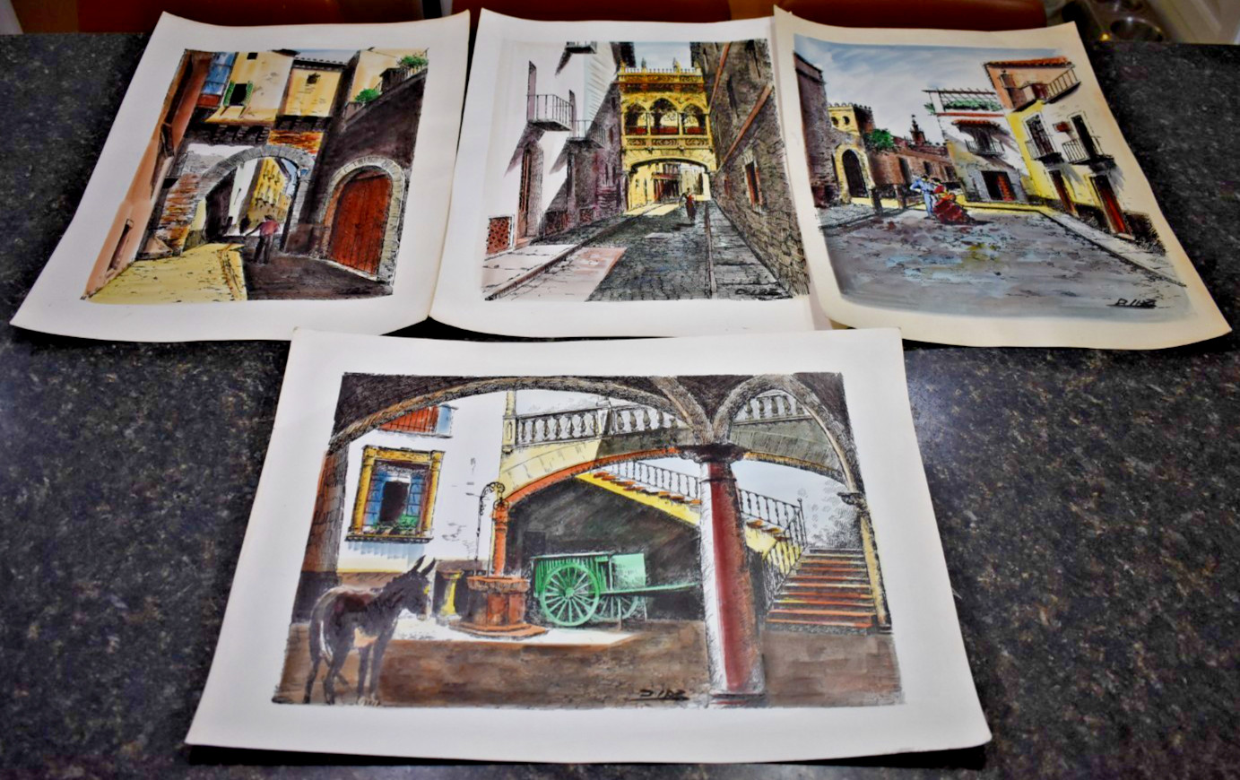 Vintage Midcentury, Hand-colored Lithograph, Signed Diaz Spanish Lot of 4 RARE