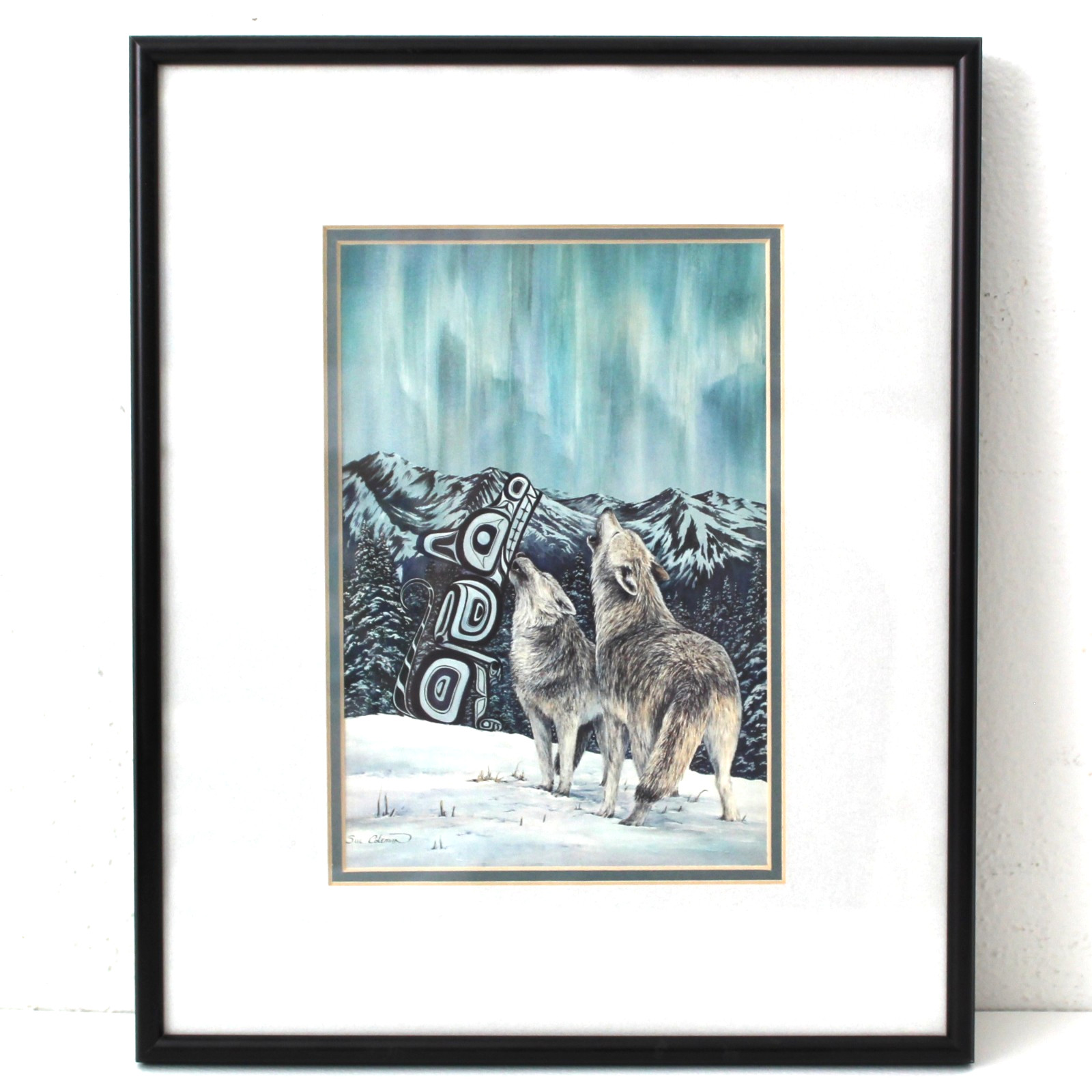 Vintage Sue Coleman Native WOLVES “Northern Song” Print Framed