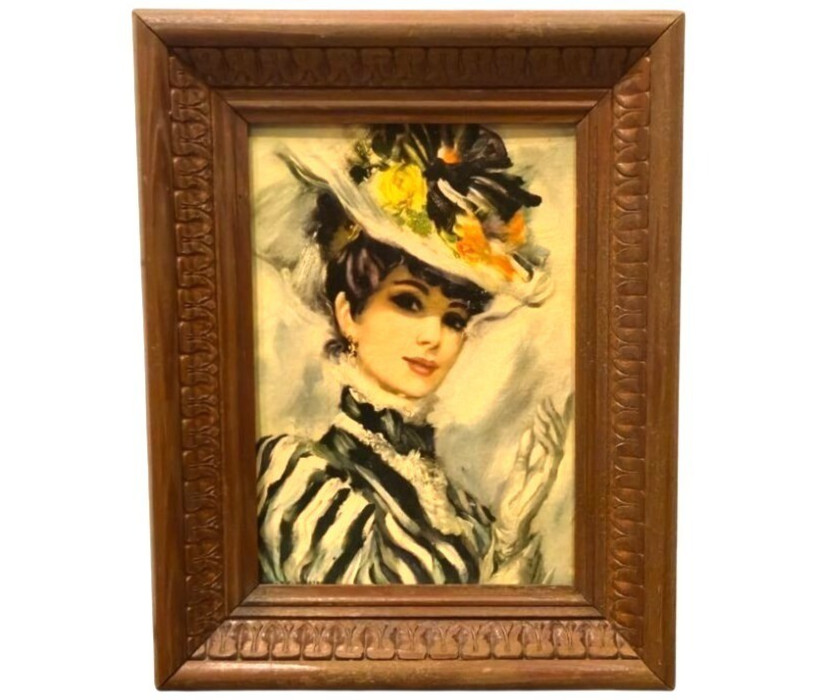 Victorian art Woman by John Strevens DAC NY litho print vintage wooden frame