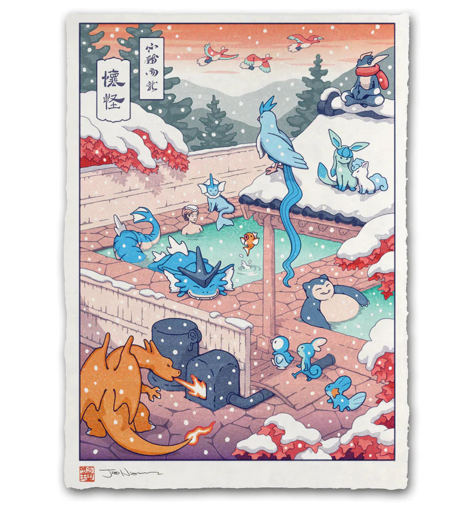 Pokemon Winter Hot Spring Ukiyo-e by Jed Henry SIGNED Poster Ltd Edition Print