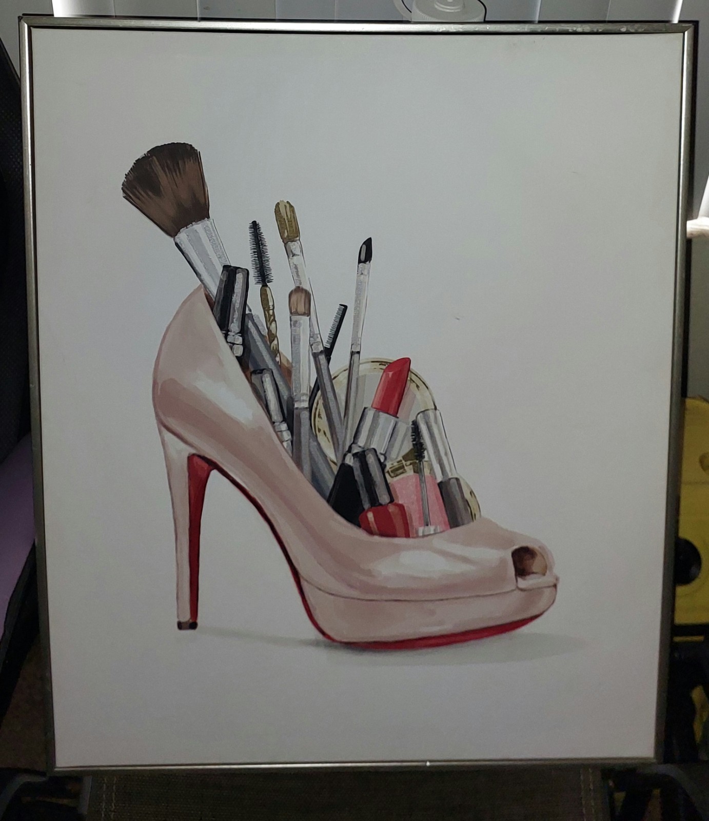 Framed Fashion Art Print High Heel Shoe & Makeup Illustration, Portrait
