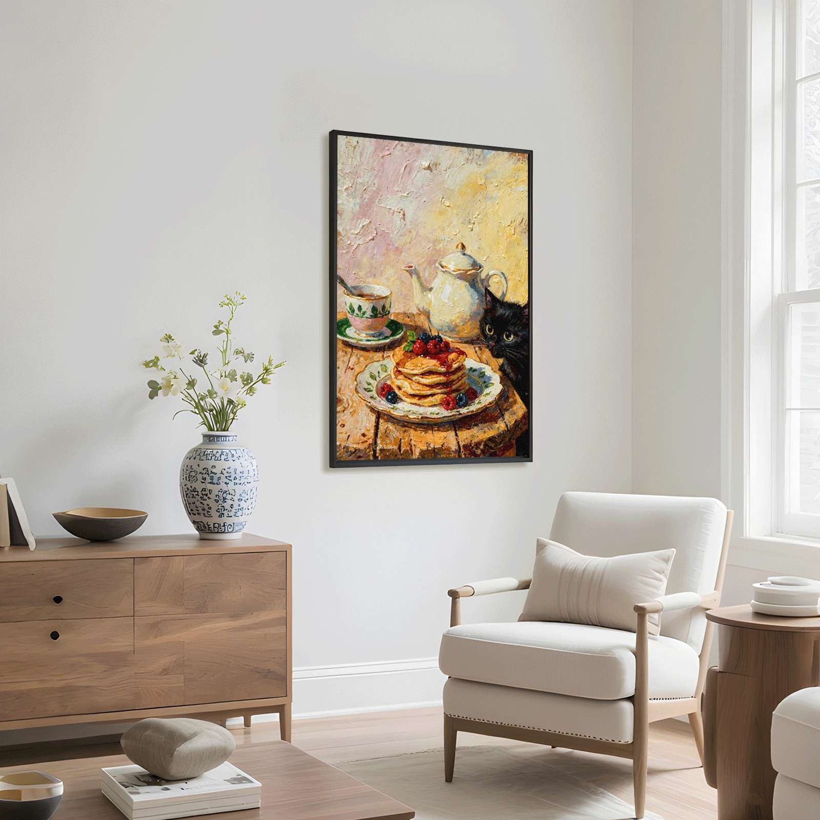 Black Cat & Pancakes Still Life Wall Art Canvas Oil Paintings Reproduction