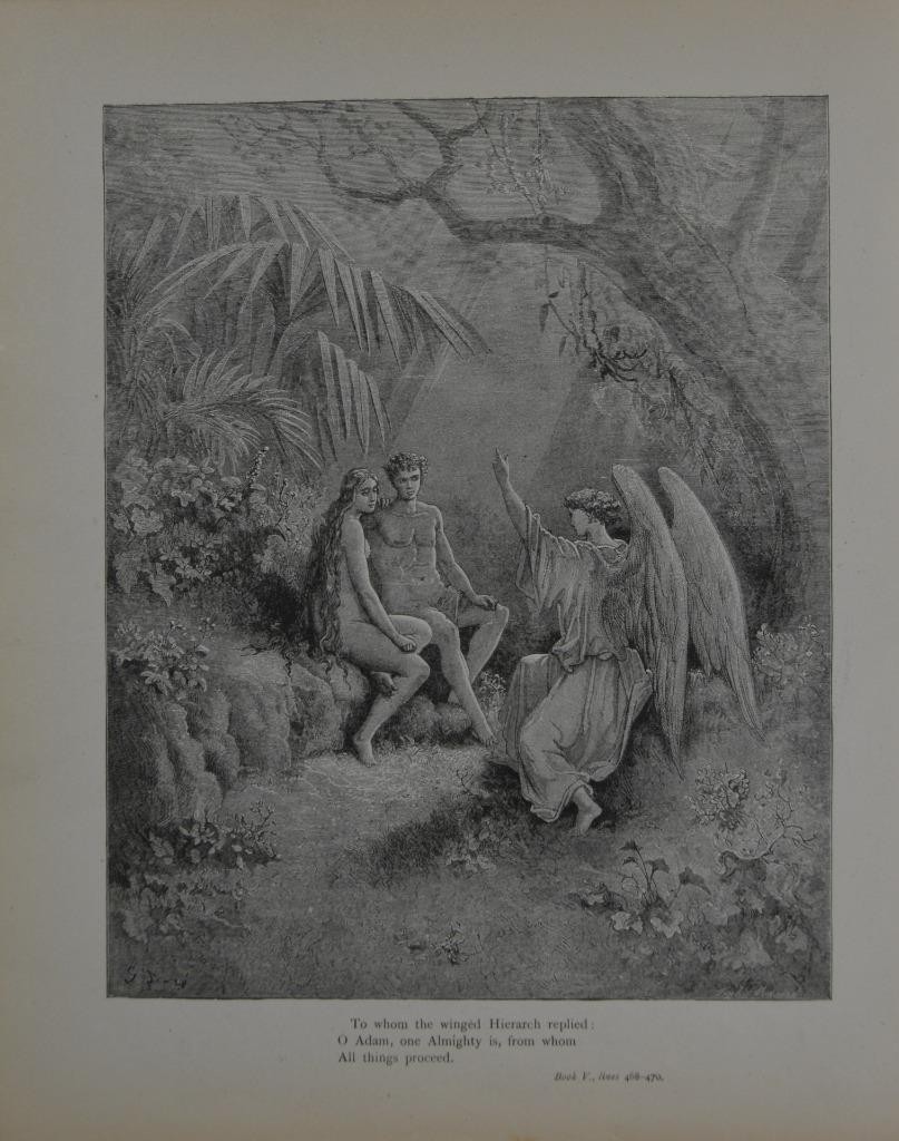 Antique Gustave Dore Art Print Adam Eve and the Angel Occult 1880 Purgatory