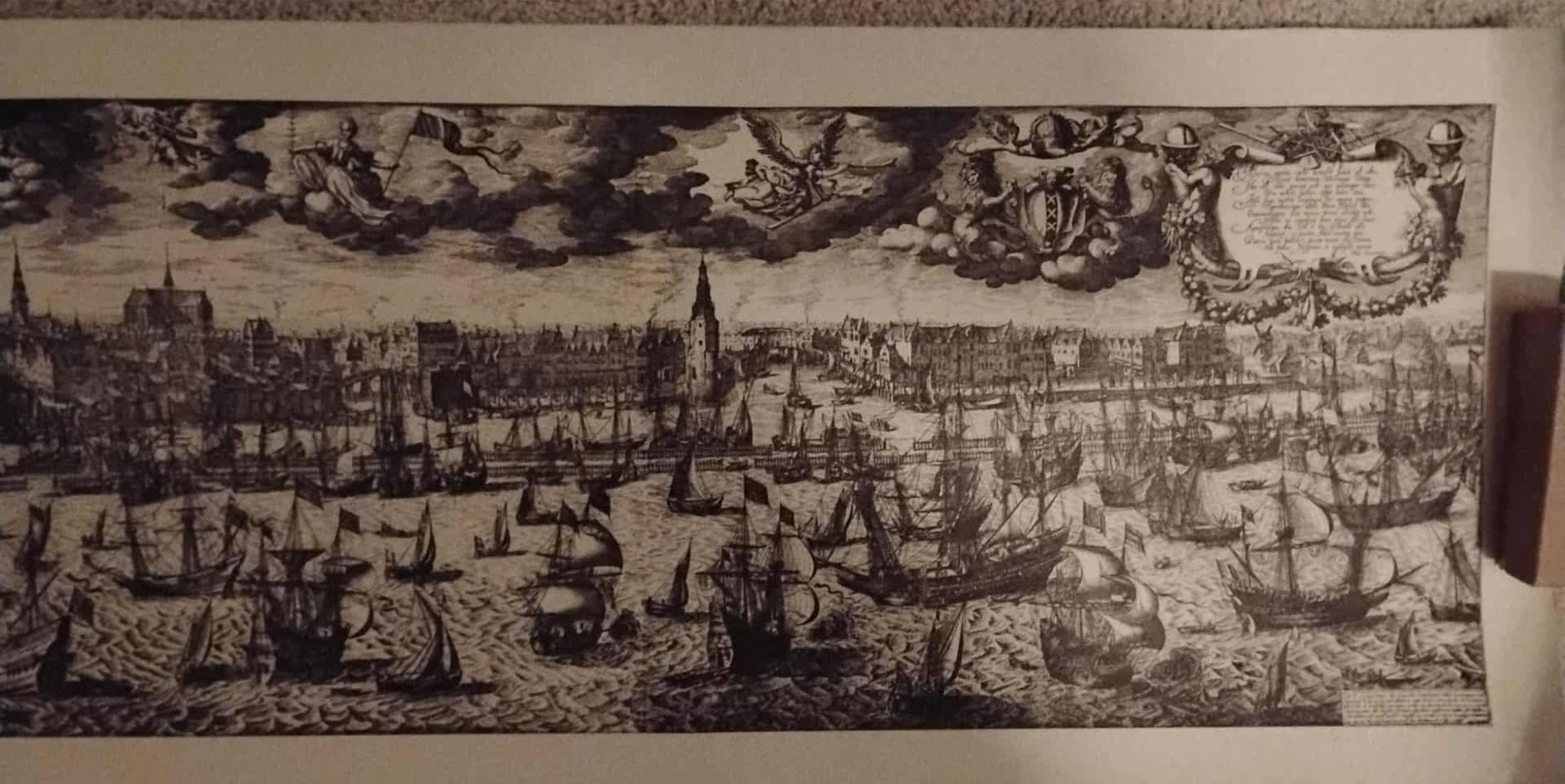 Panorama of Amsterdam 1606 Print Ships in Harbor + Allegorical Figures 4 ft long