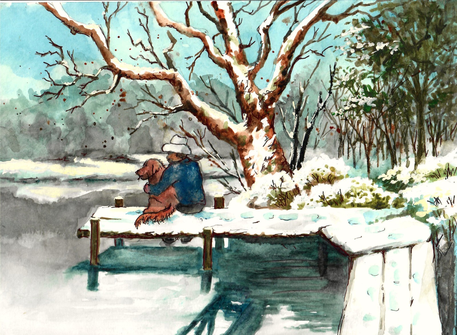 Cowboy And Dog On Snowy Lake, Cowboy Art Print, Snow Art Print, Cowboy And Dog