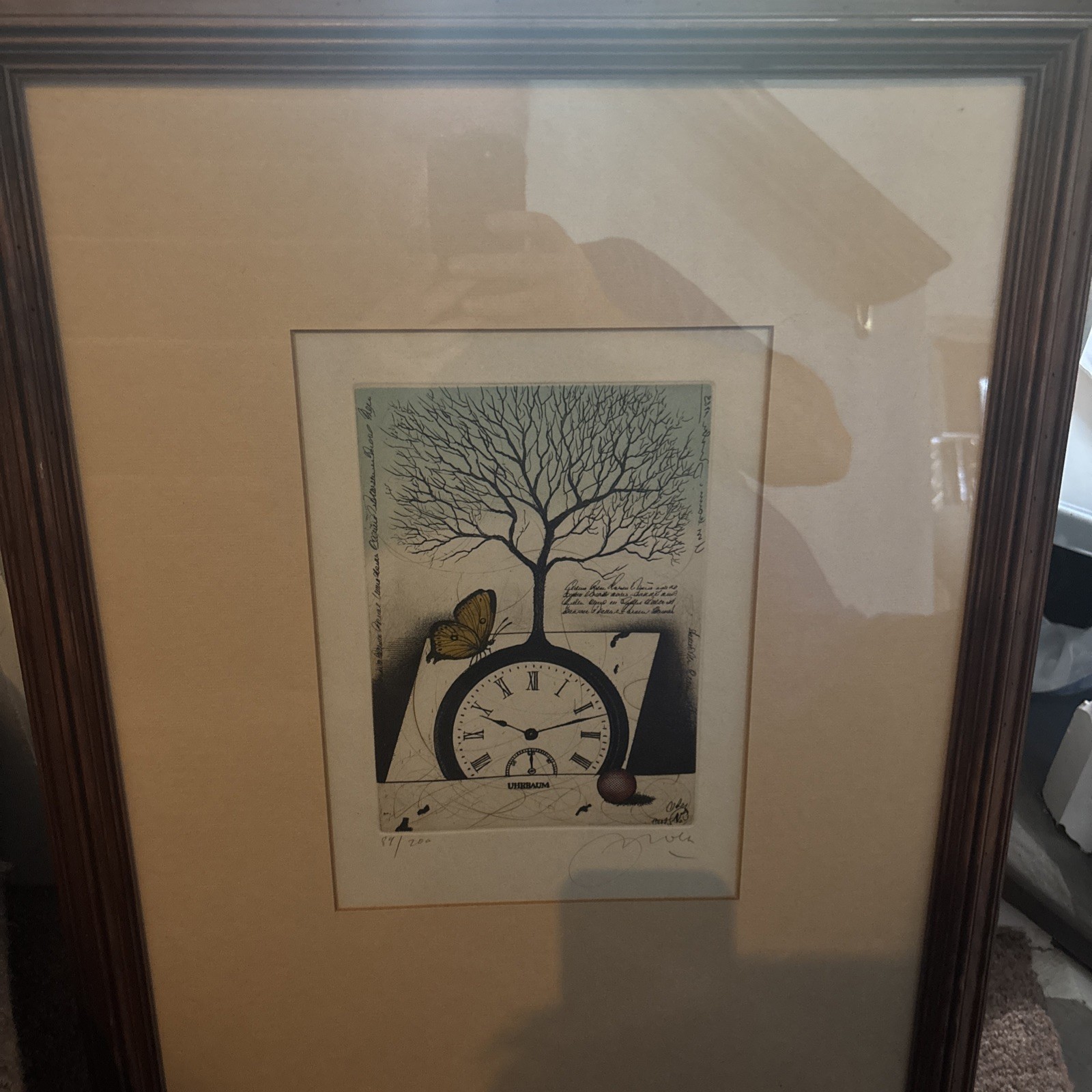 Udo Nolte 1950 -RAR E.A. Farb-Radierung 1989 UHRBAUM SCHMETTERLING Signed 89/200