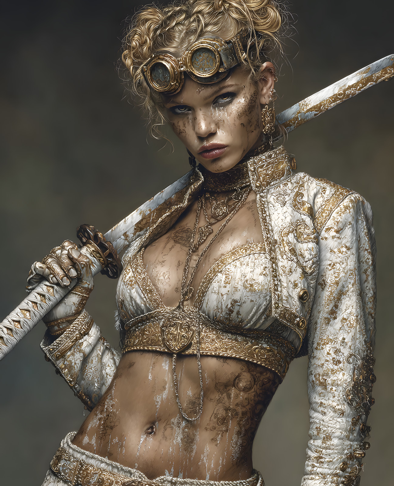 Brass-Goggled Steampunk Swordswoman in White-and-Gold Gear Print – 961967530