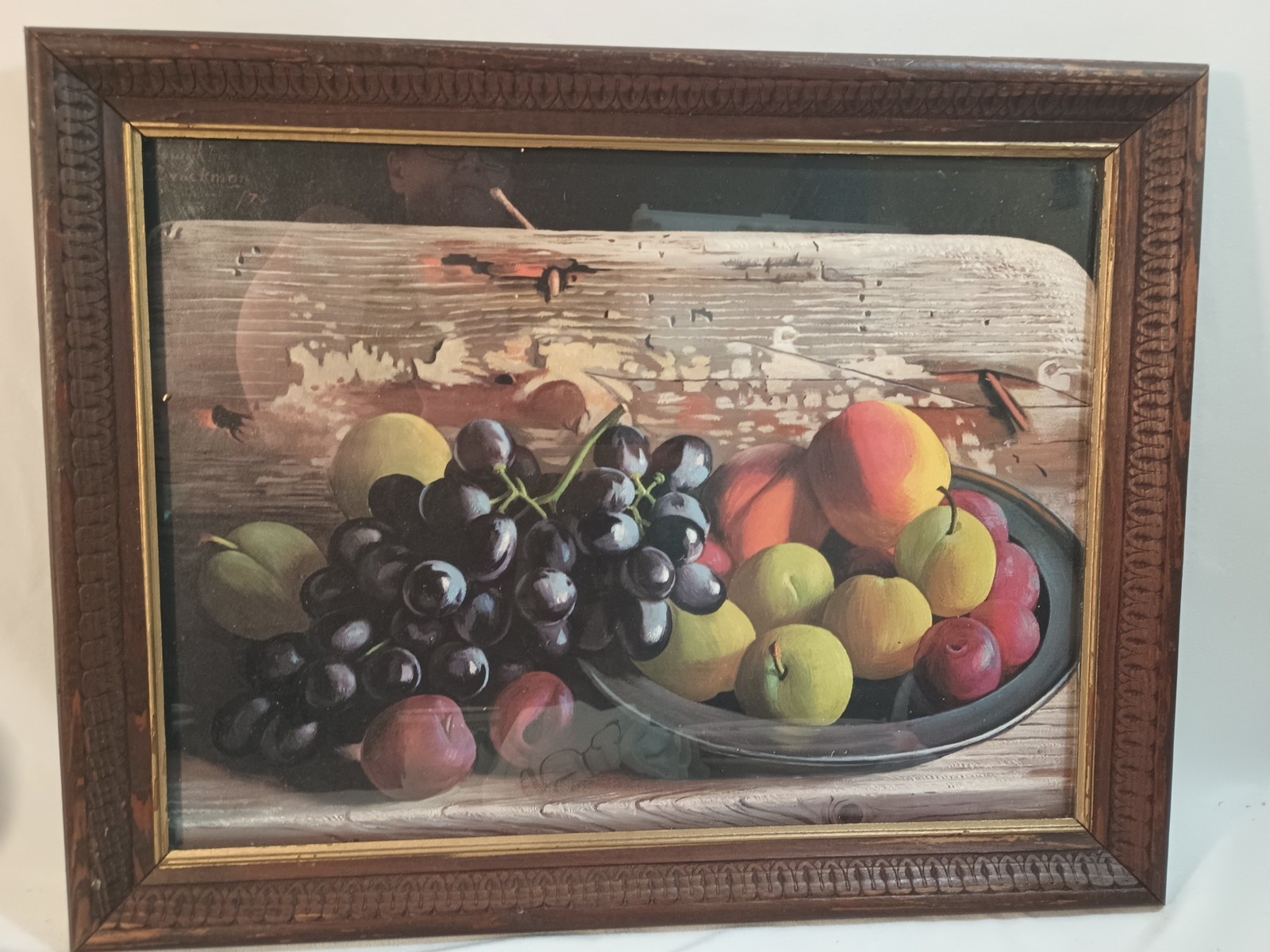 Lodewijk Bruckman 1900’s Vintage Print In Wood Frame Fruit On Barn wood Vivid