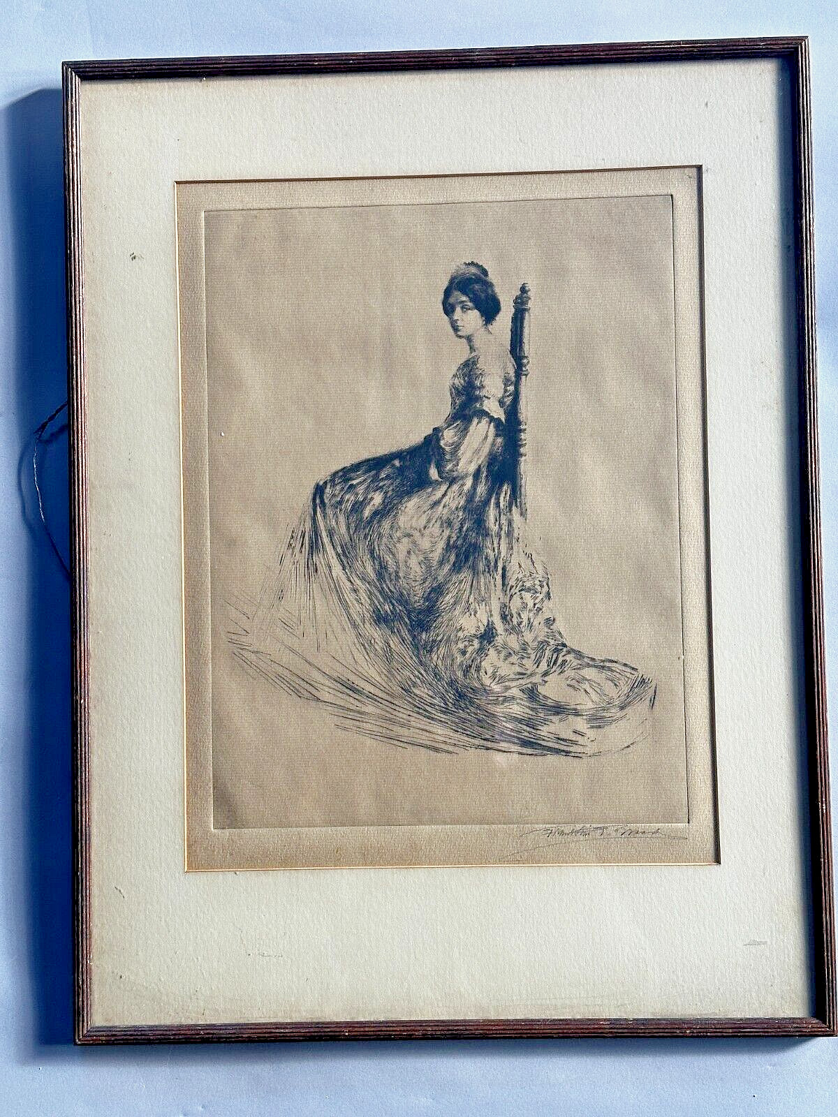 Antique 19C Woman in Gown Rich Impression Etching signed