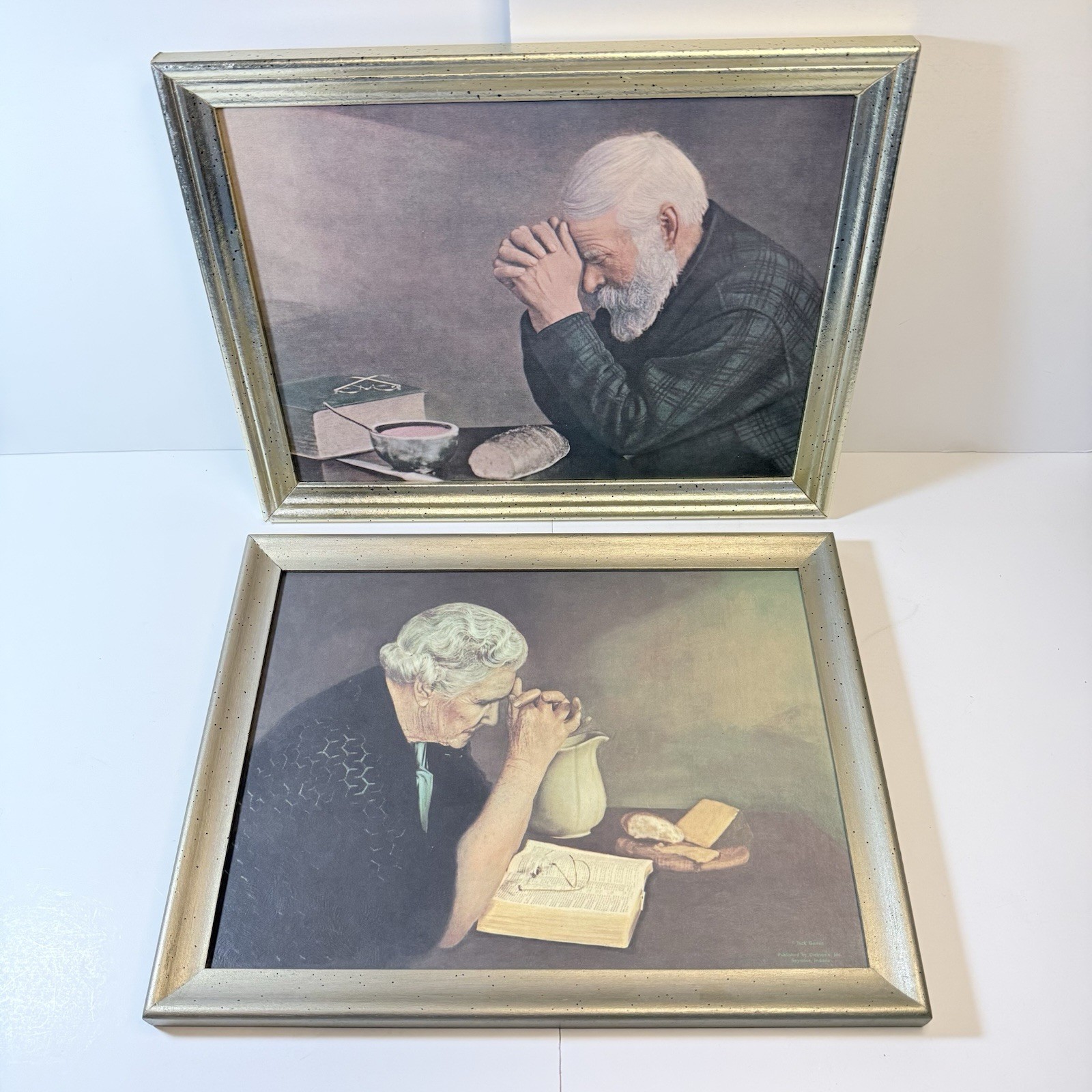 VTG 1980 Framed Oil Paintings Grace & Gratitude Man & Woman Praying Signed