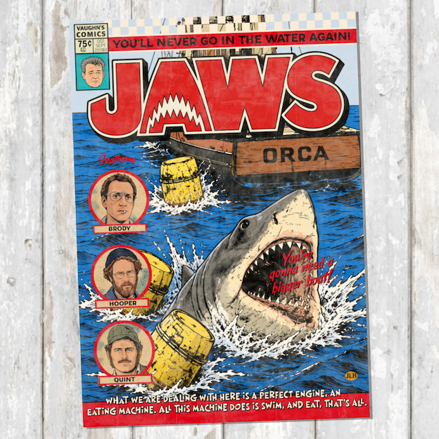 Jaws, Vintage Comic Art Print – Brody Hooper Quint Poster A3