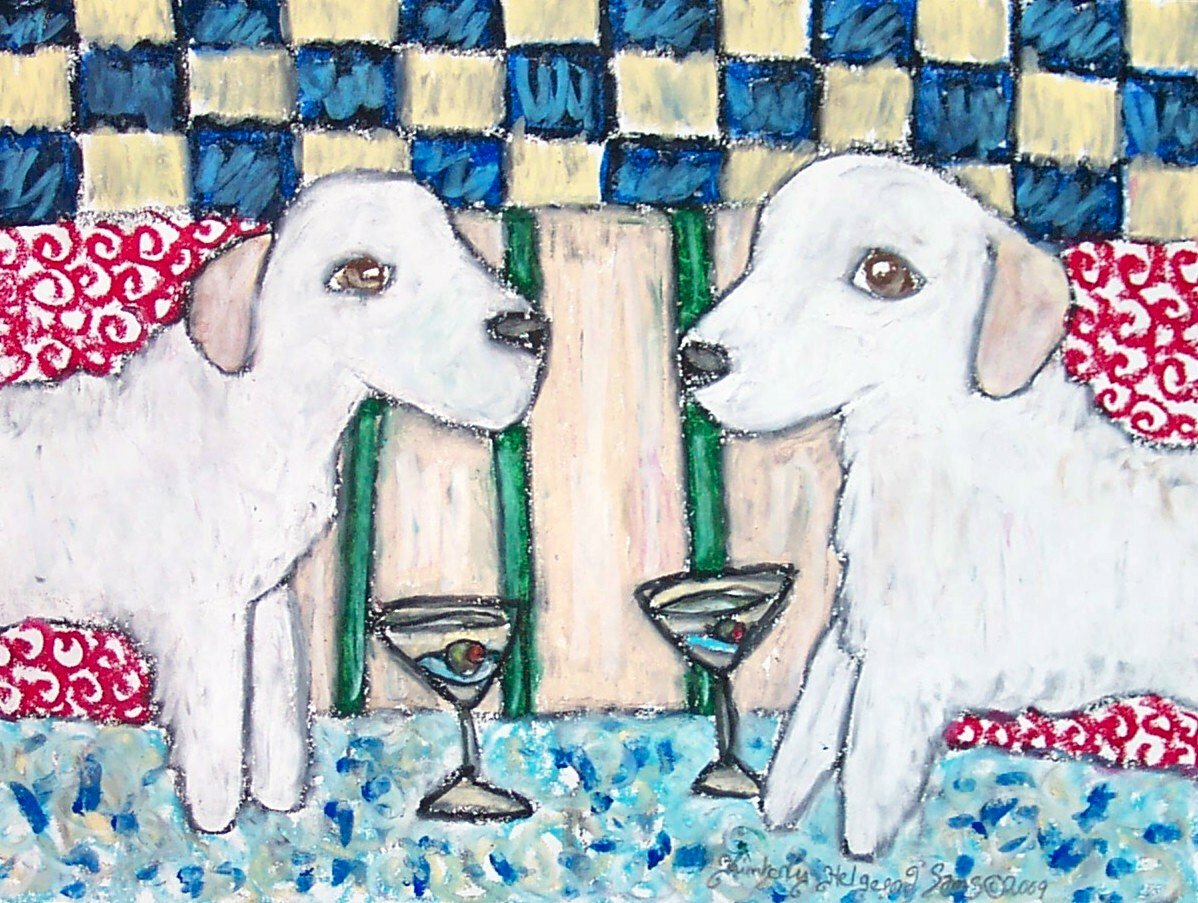 Kuvasz Drinking a Martini Art Print 8×10 Signed by Artist Kimberly Helgeson Sams