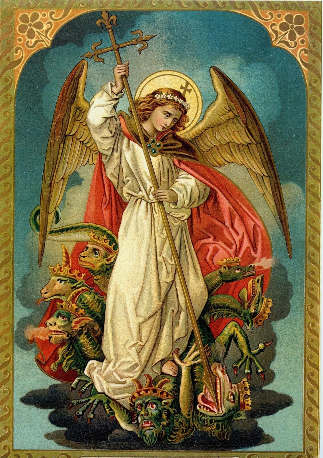 ST SAINT Michael Archangel STABBING SATAN – SNAKE 8″x10″ PRINT ready to frame