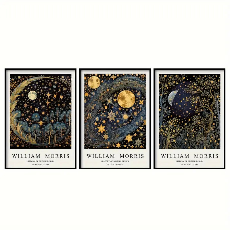 William Morris Moon & Stars Framed Canvas Picture Print 3pce 40cm x 30cm ea