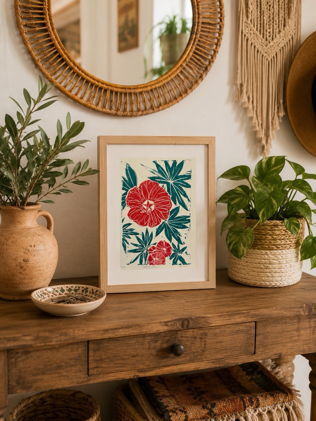 Red Hibiscus Linocut Print | Original Handmade Tropical Floral Artwork