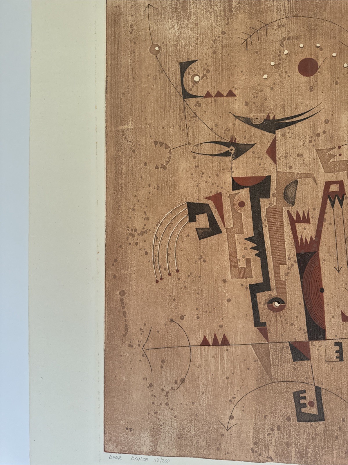DIANA HANSEN ETCHING ABSTRACT NATIVE AMERICAN INDIAN DEER DANCE LARGE MODERNIST